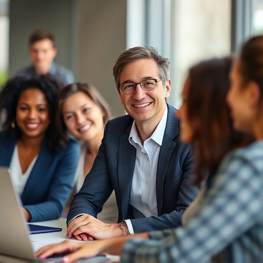 Un manager sorridente che guida un team collaborativo, simbolo di leadership efficace e ambiente positivo.